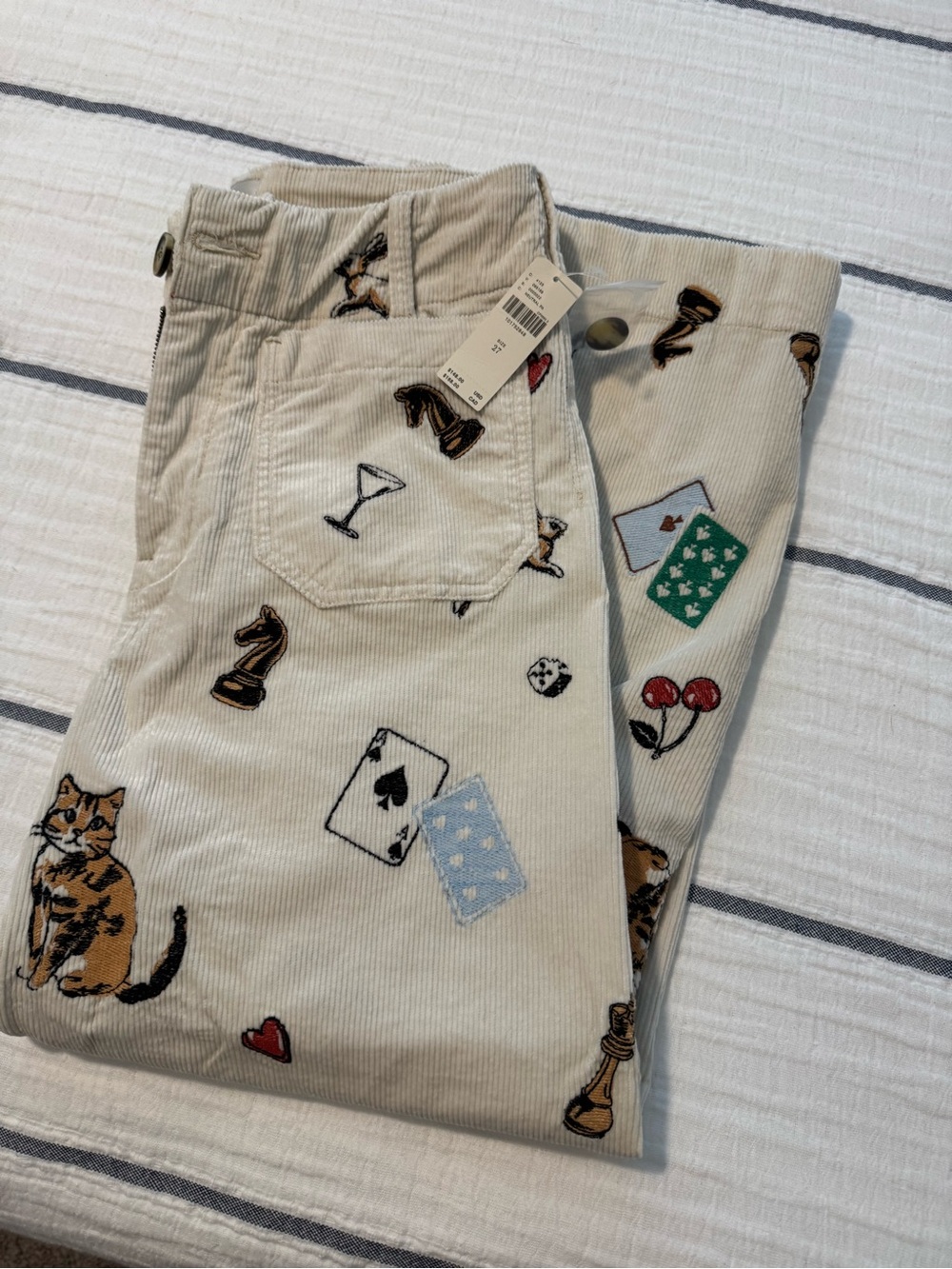NWT Mauve Cream Corduroy Novelty Pants - Playing Cards & Cats